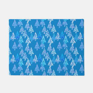 Modern Flower Christmas Trees Cerulean Blue  Doormat