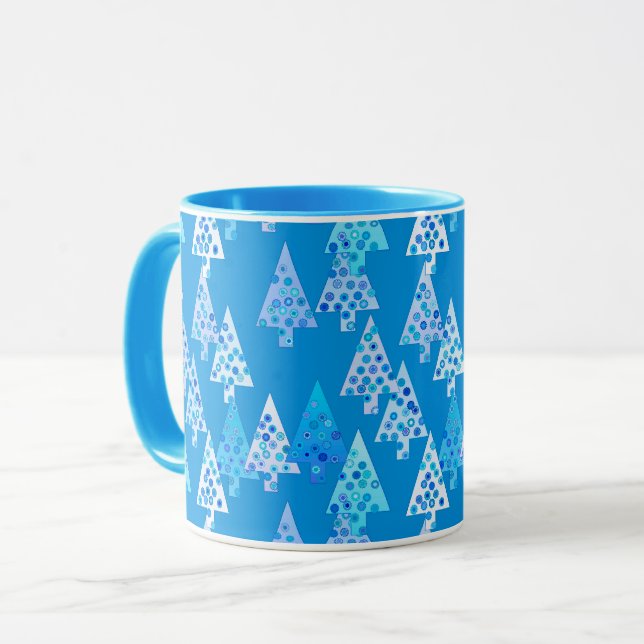 Modern Flower Christmas Trees, Cerulean Blue Mug (Front Left)