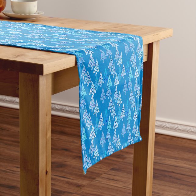 Modern Flower Christmas Trees, Cerulean Blue Short Table Runner (In Situ)