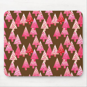 Modern flower Christmas trees - coral & brown Mouse Mat