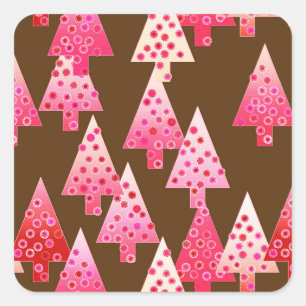 Modern flower Christmas trees - coral & brown Square Sticker