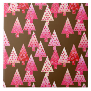 Modern flower Christmas trees - coral & brown Tile