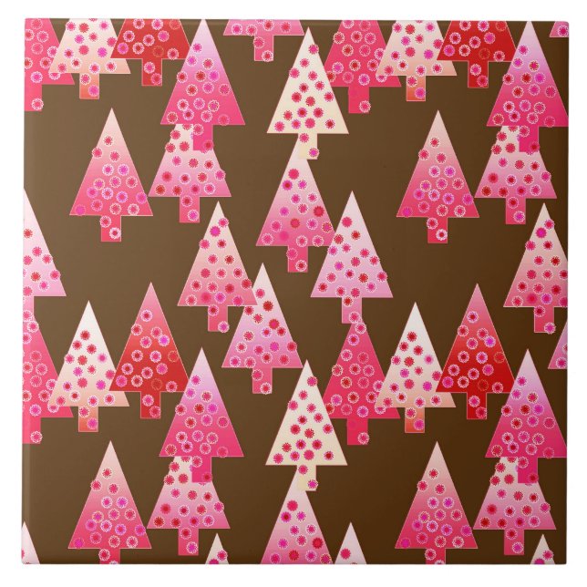 Modern flower Christmas trees - coral & brown Tile (Front)
