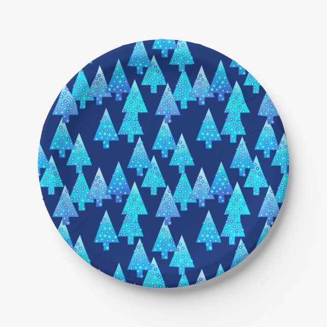 Modern flower Christmas trees - deep blue Paper Plate (Front)