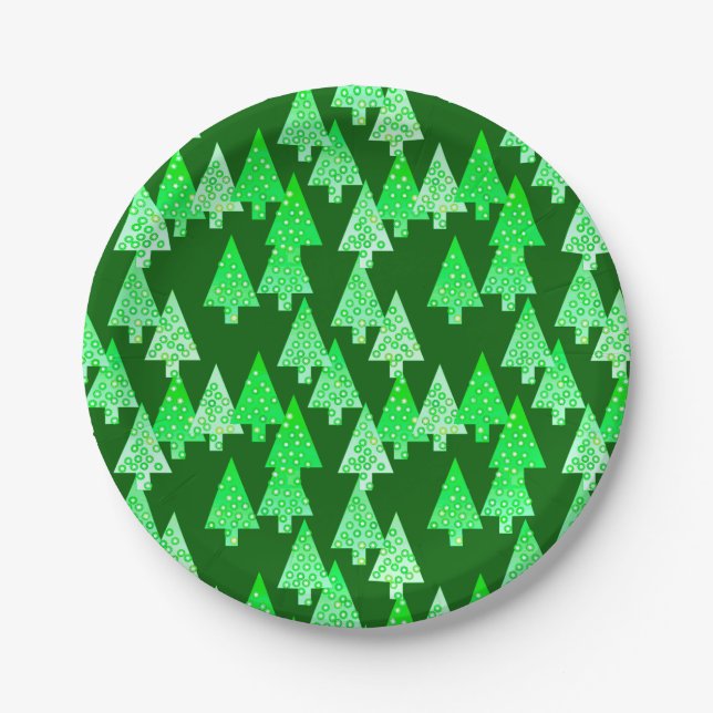 Modern flower Christmas trees - pine green Paper Plate (Front)
