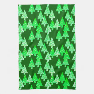 Modern flower Christmas trees - pine green Tea Towel