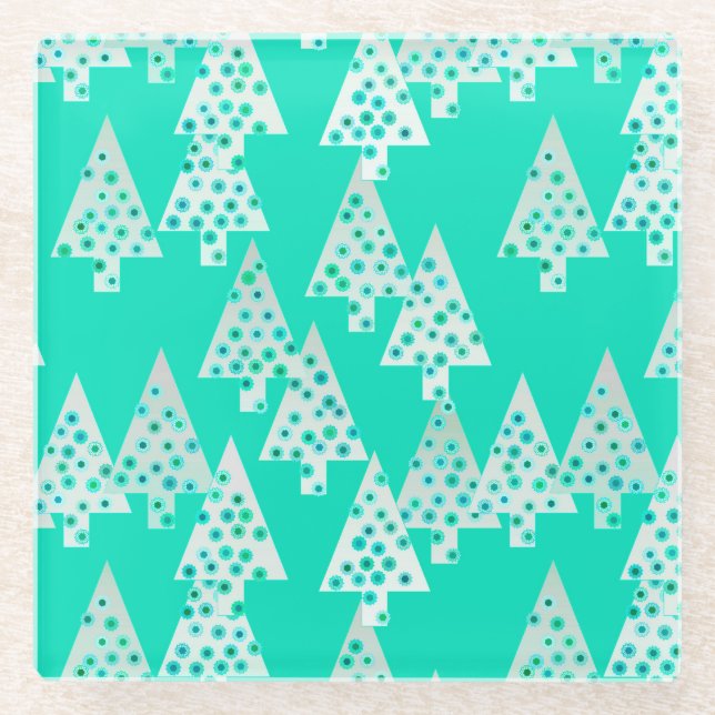 Modern flower Christmas trees - seafoam green Glass Coaster (Front)