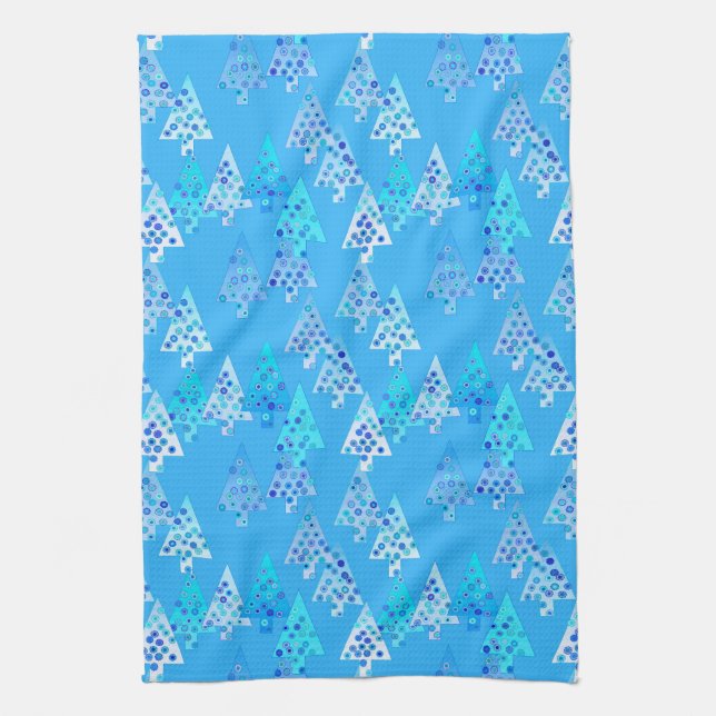 Modern flower Christmas trees - sky blue Tea Towel (Vertical)