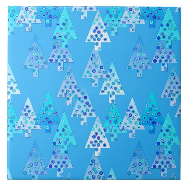 Modern flower Christmas trees - sky blue Tile (Front)