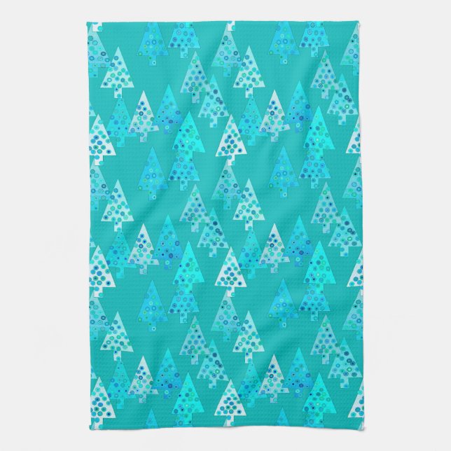 Modern flower Christmas trees - turquoise Tea Towel (Vertical)