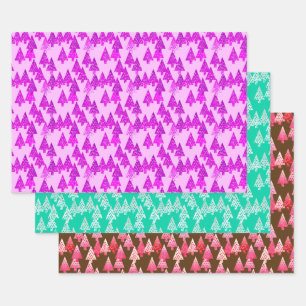 Modern Flower Christmas Trees, Violet, Aqua, Brown Wrapping Paper Sheet