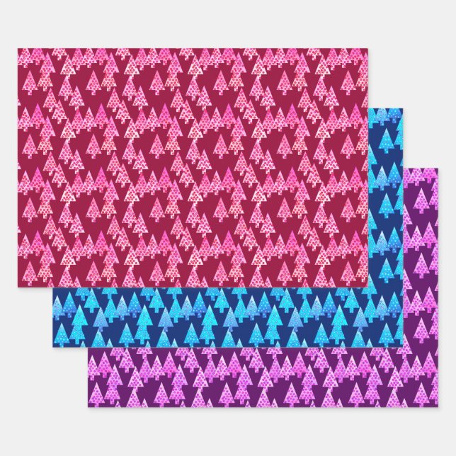 Modern Flower Christmas Trees, Wine, Blue, Purple Wrapping Paper Sheet (Set)