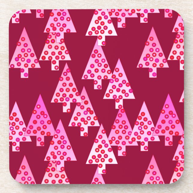 Modern flower Christmas trees - wine & pink Coaster (Front)