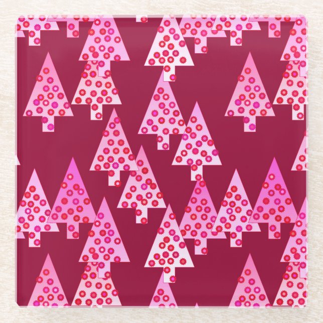 Modern flower Christmas trees - wine & pink Glass Coaster (Front)