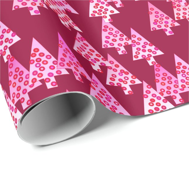 Modern flower Christmas trees - wine & pink Wrapping Paper (Roll Corner)