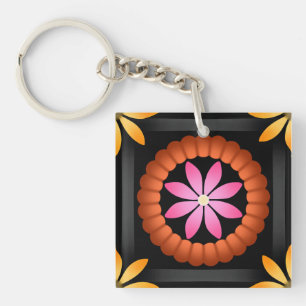 Modern Flower design on black background Key Ring
