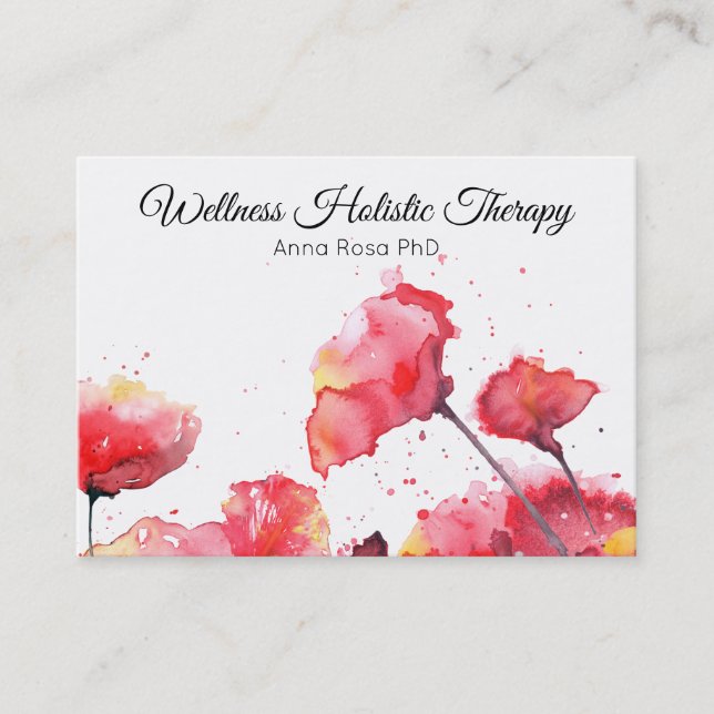 *~* Modern Flower Floral Red Poppy Watercolor Business Card (Front)