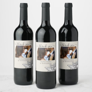 Modern Flower Grey Tan White Personalised Wedding Wine Label