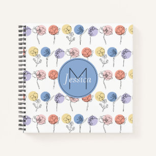 Modern Flower Line Drawings with Pastel Colours Notebook