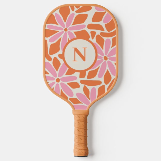Modern Flower Pink & Orange Monogram  Pickleball Paddle (Front)