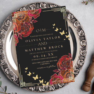 Modern Flower Red and Black Gold Rose Wedding Invitation