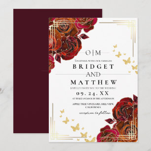 Modern Flower Red Rose and Gold Wedding Invitation