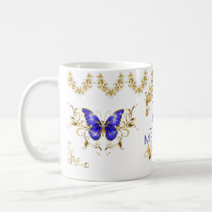 Modern flowers blue & gold butterflies monogrammed coffee mug