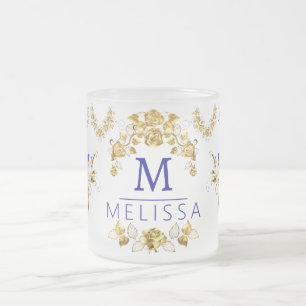 Modern flowers blue & gold butterflies monogrammed frosted glass coffee mug