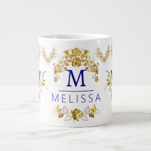 Modern flowers blue & gold butterflies monogrammed large coffee mug