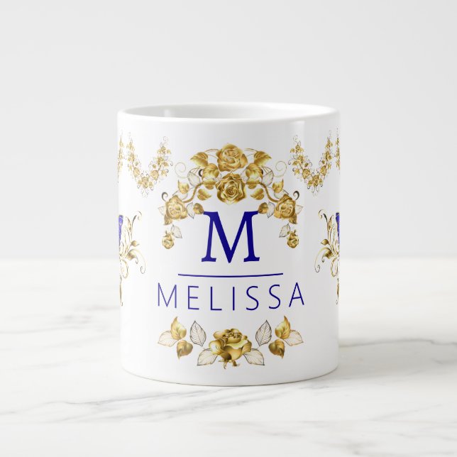 Modern flowers blue & gold butterflies monogrammed large coffee mug (Front)