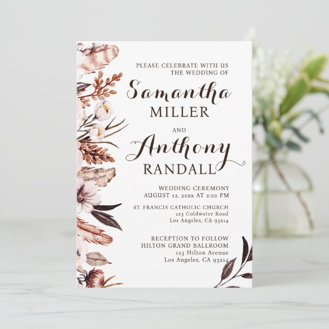 Modern Flowers Feathers Foilage Wedding Invitation (Standing Front)