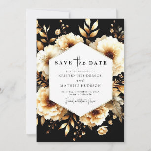 Modern Flowers Gold and Black Wedding Save The Date