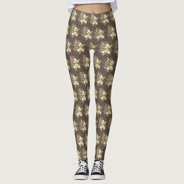Modern Flowers in Beige on Brown Leggings (Front)