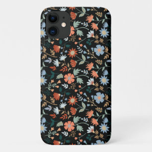 Modern Flowers Leaves Black Orange Blue Girly iPhone 11 Case