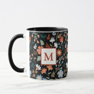 Modern Flowers Leaves Black Orange Blue Monogram Mug