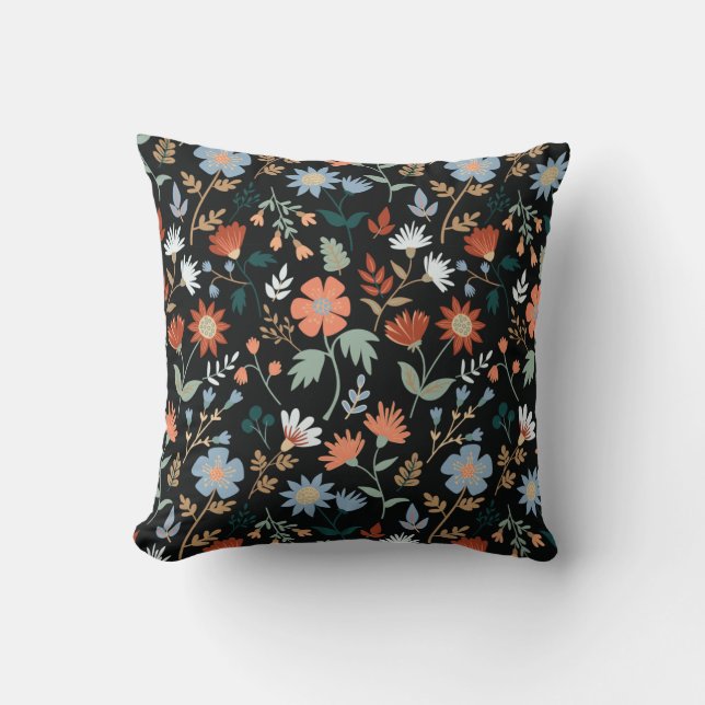 Modern Flowers Leaves Black Orange Blue Print Cushion (Front)