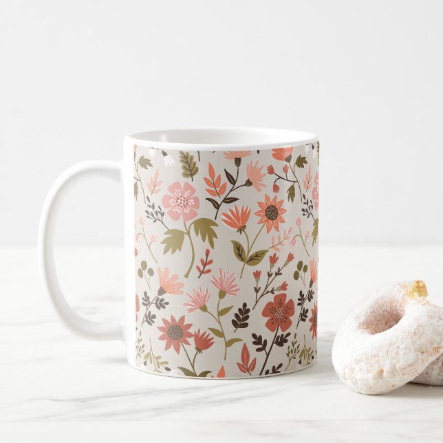Modern Flowers Leaves Pink Gold Floral Coffee Mug (With Donut)
