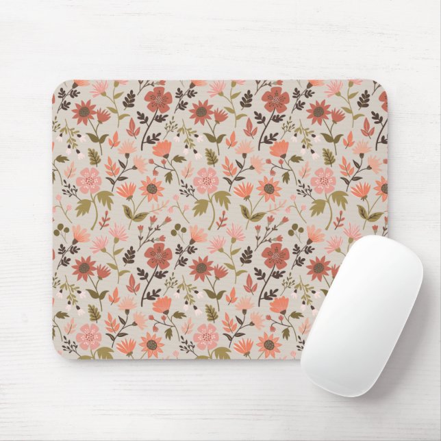 Modern Flowers Leaves Pink Green Girly Floral Mouse Mat (With Mouse)
