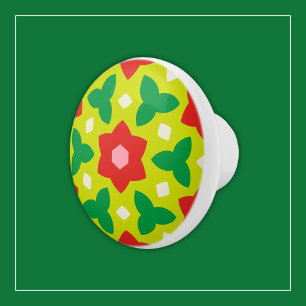 Modern Flowers on Green and Red Geometric Floral Ceramic Knob