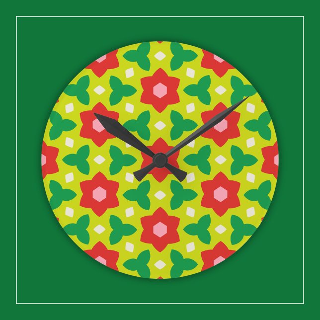 Modern Flowers on Green and Red Geometric Floral Round Clock (Creator Uploaded)