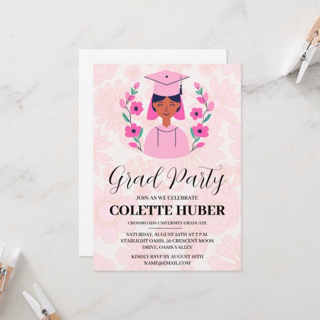 modern flowers pink graduation invitations (Front/Back In Situ)