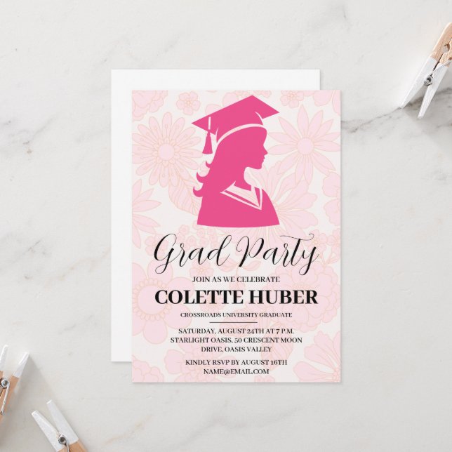 modern flowers pink graduation invitations (Front/Back In Situ)
