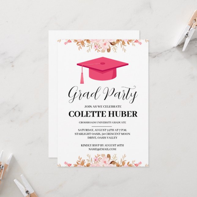 modern flowers pink graduation invitations (Front/Back In Situ)
