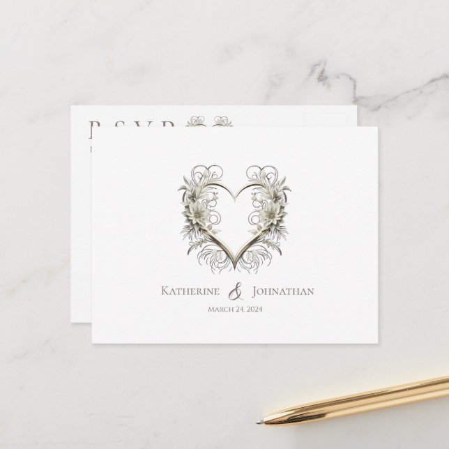 Modern Flowers with a Heart-RSVP-Wedding- Postcard (Front/Back In Situ)