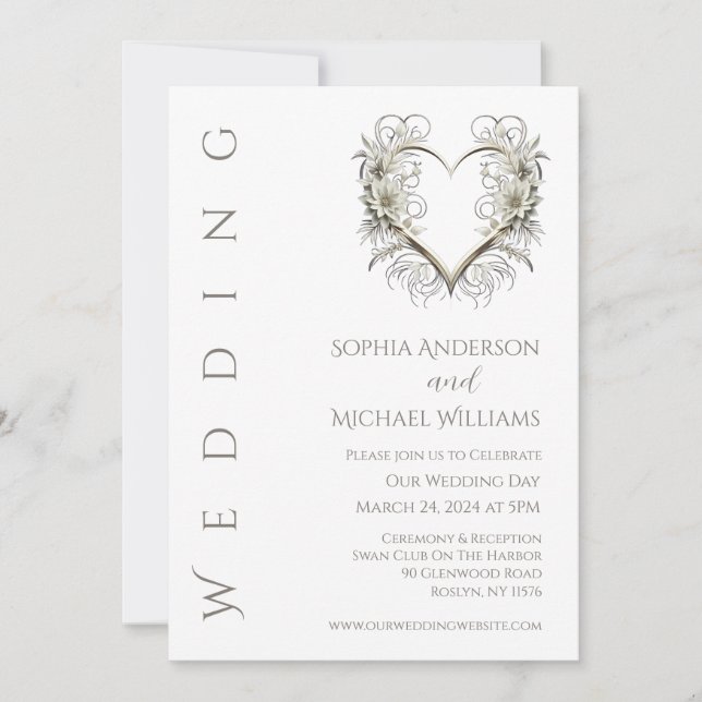 Modern Flowers with a Heart Wedding Invitation (Front)