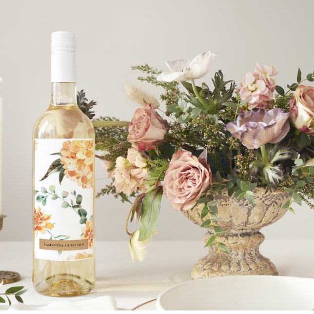 Modern Flowers Yellow & Kraft Personalised Gift Wine Label (Creator Uploaded)