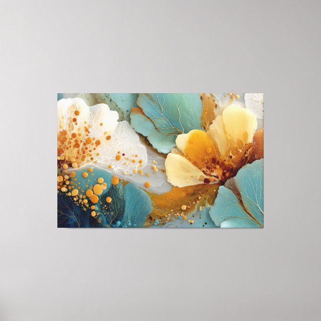 Modern Fluid Abstract Teal Gold Bubbles & Veins Canvas Print (Front)