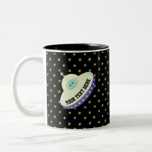 Modern flying saucer & stars on black Two-Tone coffee mug