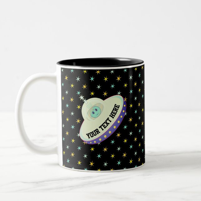 Modern flying saucer & stars on black Two-Tone coffee mug (Left)