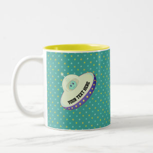 Modern flying saucer & stars on teal Two-Tone coffee mug
